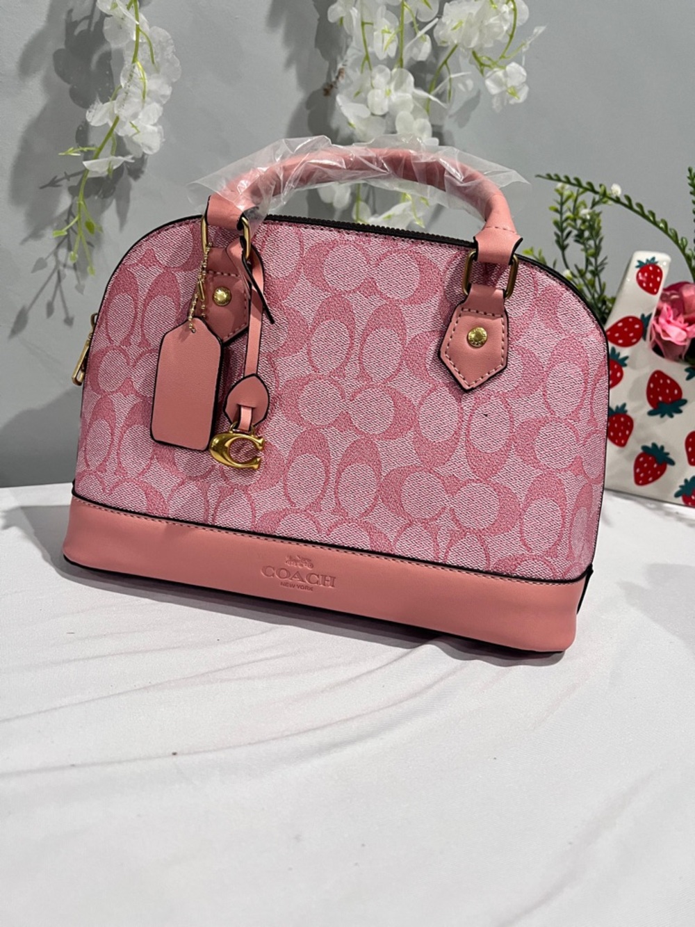 Coach Pink Signature Dome Satchel with Gold Hardware
